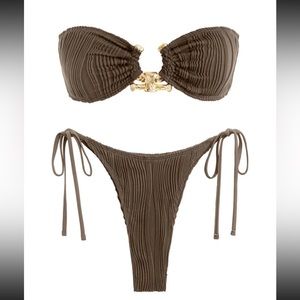 ZAFUL Women's Metal Ring Decor Textured Lace Up Back Tied Side Bandeau Bikini